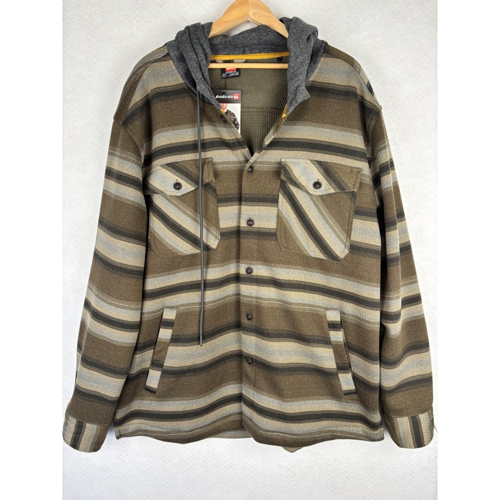 Quiksilver Mens Hooded Flannel Shirt XL Brown Striped Thermal Lined Shacket NWT